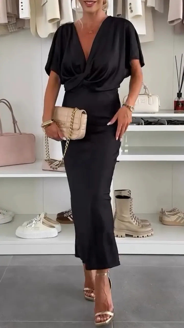 Damen Knielanges Satin-Kleid mit Kreuz-Design Amawinc