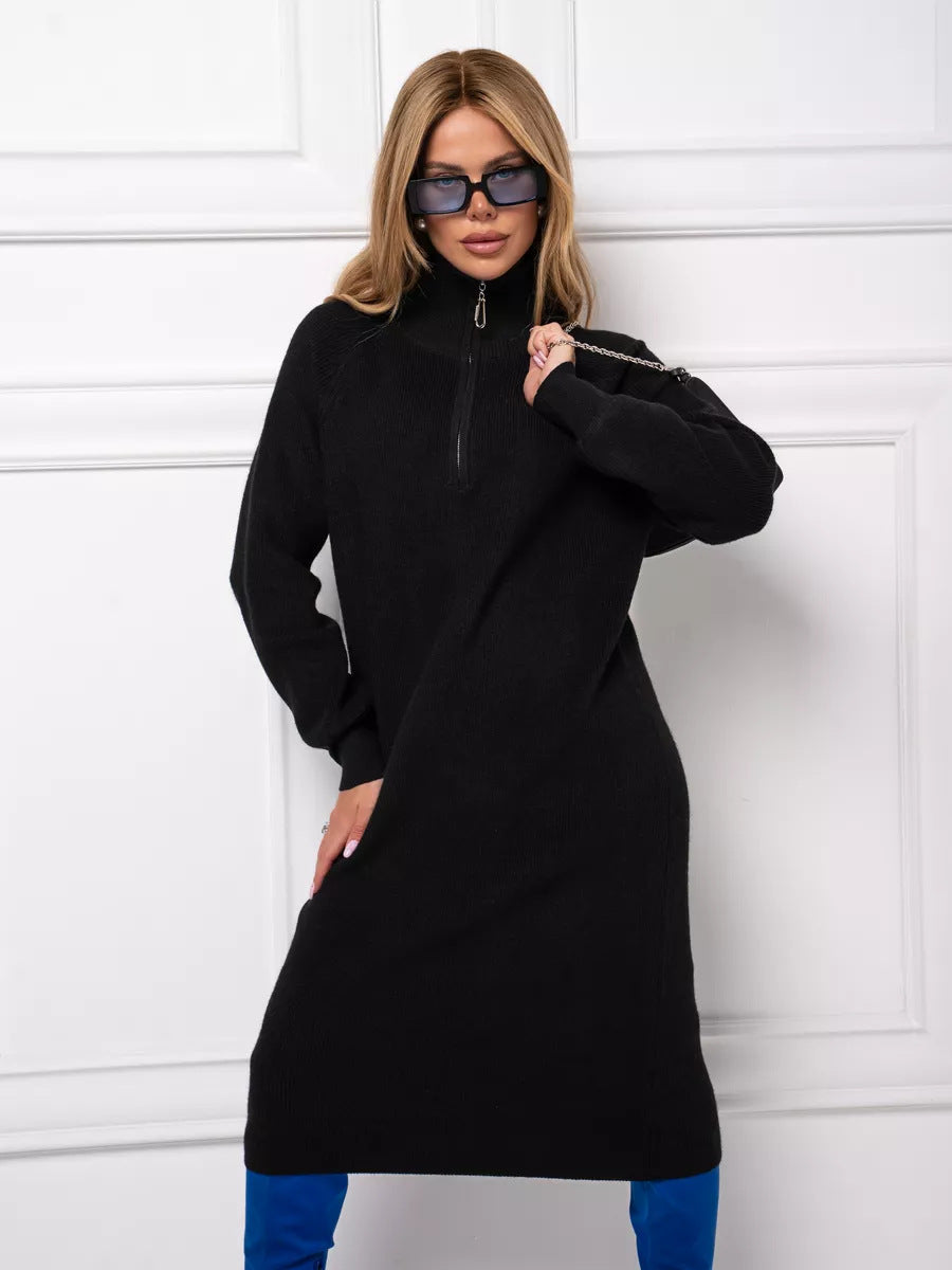 Damen Strickkleid mit Stehkragen und durchgehendem Reißverschluss Amawinc