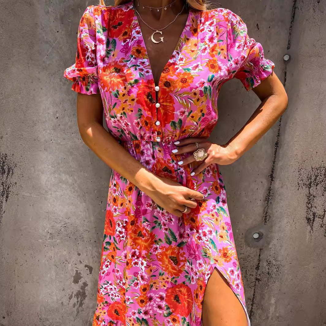 Robe Maxi Femme Avec Décolleté En V Manches Courtes Imprimé Floral Taille Elastique Fente