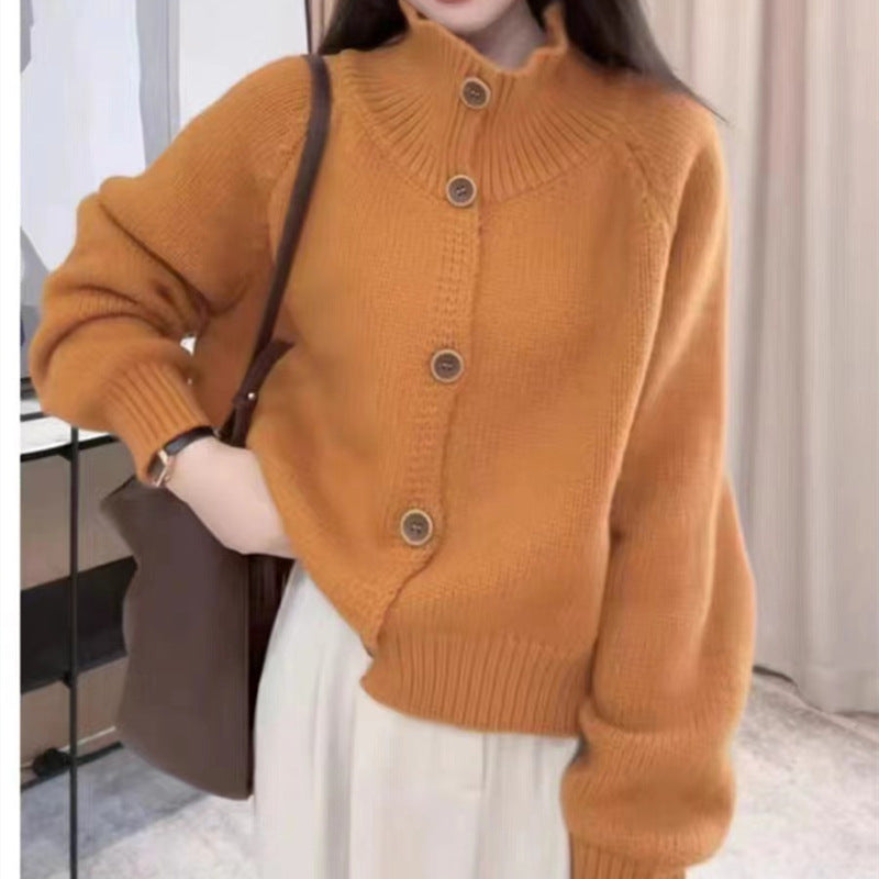 Damen gemütliche Strickjacke mit hohem Kragen und dekorativen Knöpfen Amawinc