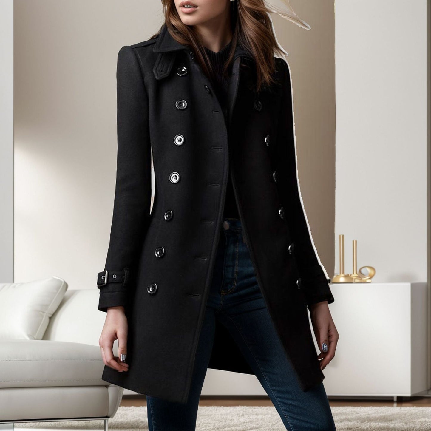 Damen eleganter Trenchcoat mit doppelter Knopfreihe und gewichtetem Kragen Amawinc