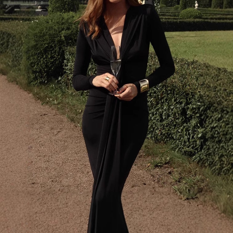 Damen Elegantes Langarm-Maxi-Kleid mit raffiniertem Knoten-Detail und figurformendem Design Amawinc