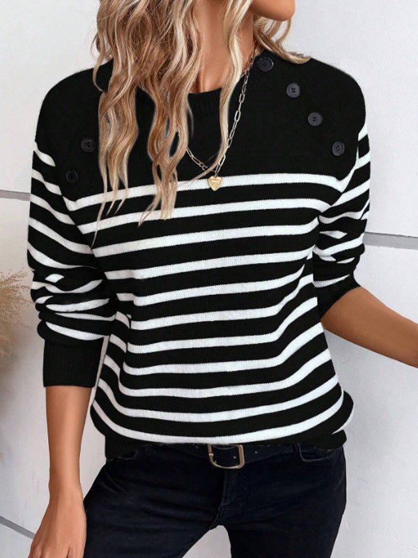 Damen gestreifter Pullover mit dekorativen Knopfdetails und Rundhalsausschnitt Amawinc