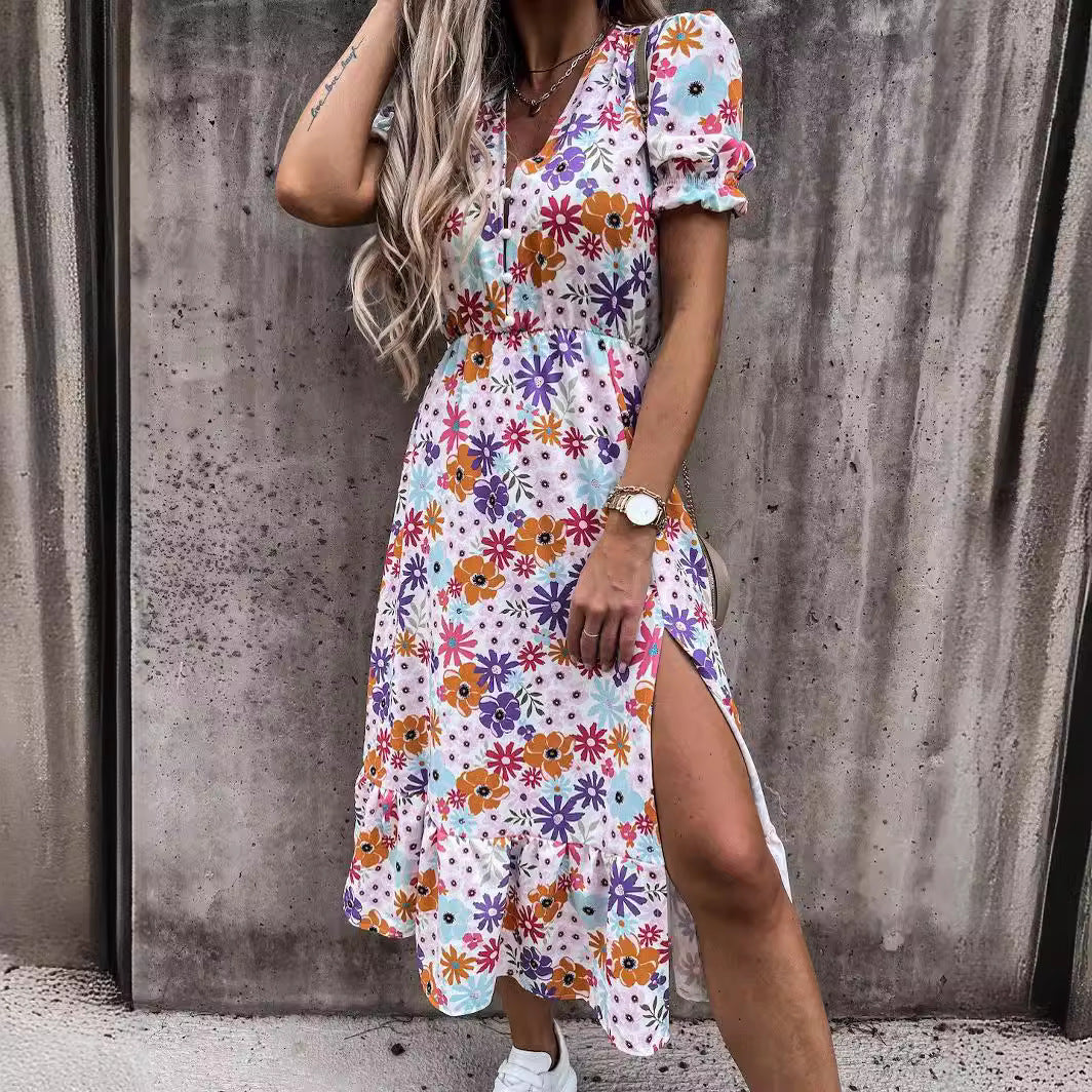 Robe Maxi Femme Avec Décolleté En V Manches Courtes Imprimé Floral Taille Elastique Fente