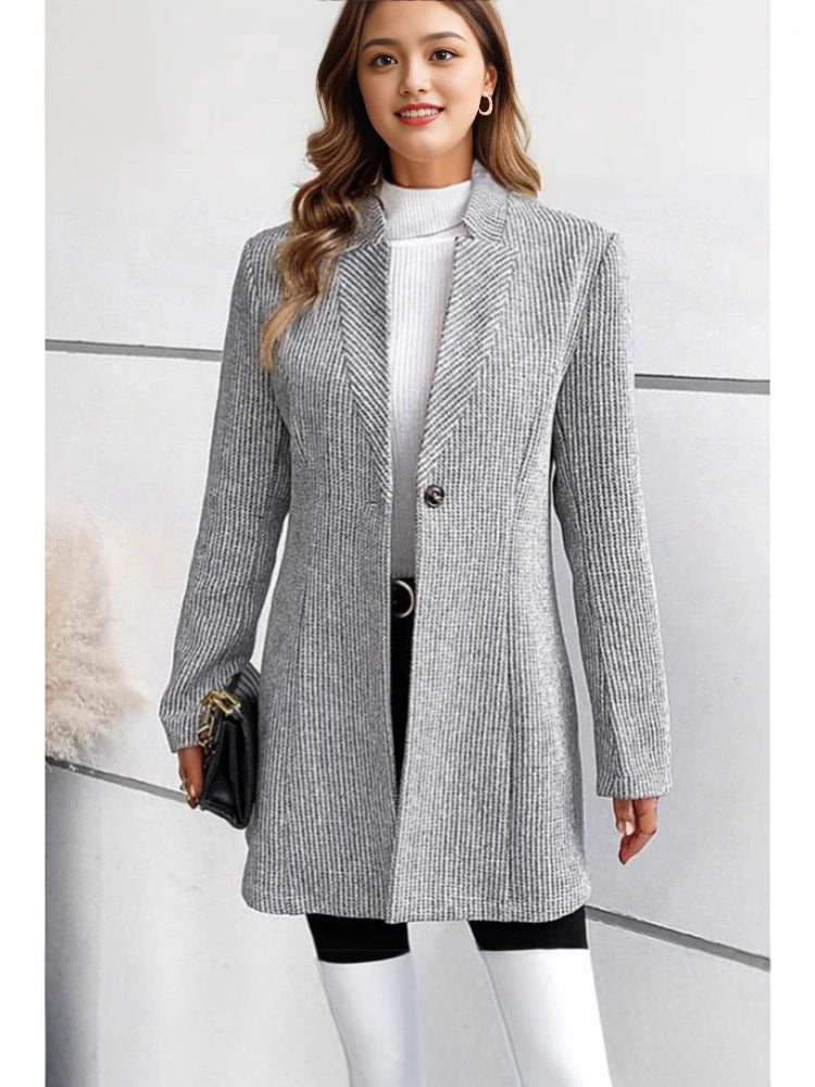 Damen eleganter Strickblazer mit Reverskragen und subtiler Rippstruktur Amawinc