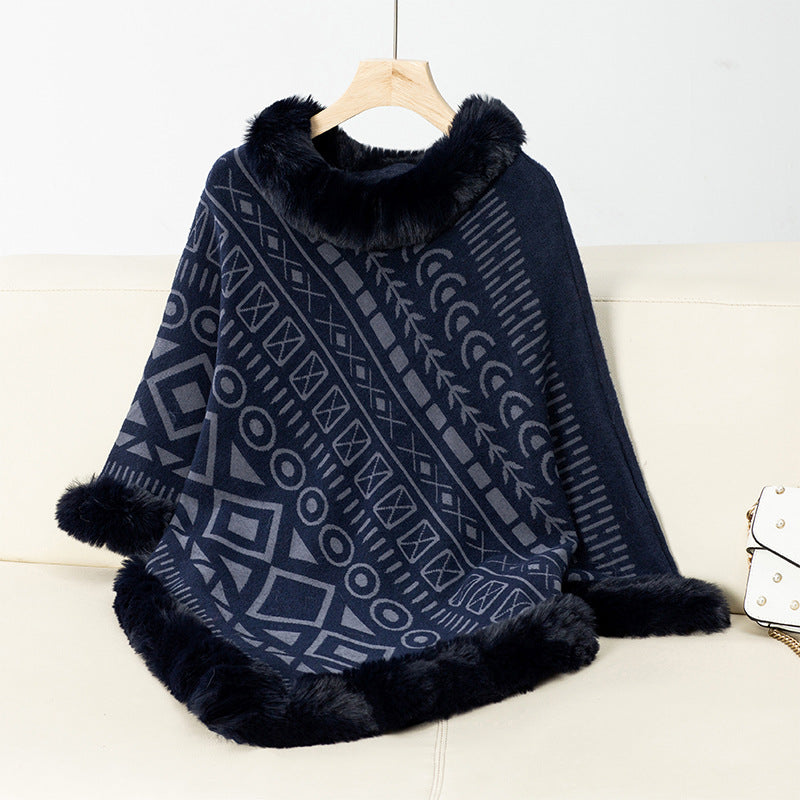 Damen modischer Poncho mit dekorativem Kunstfellkragen Amawinc