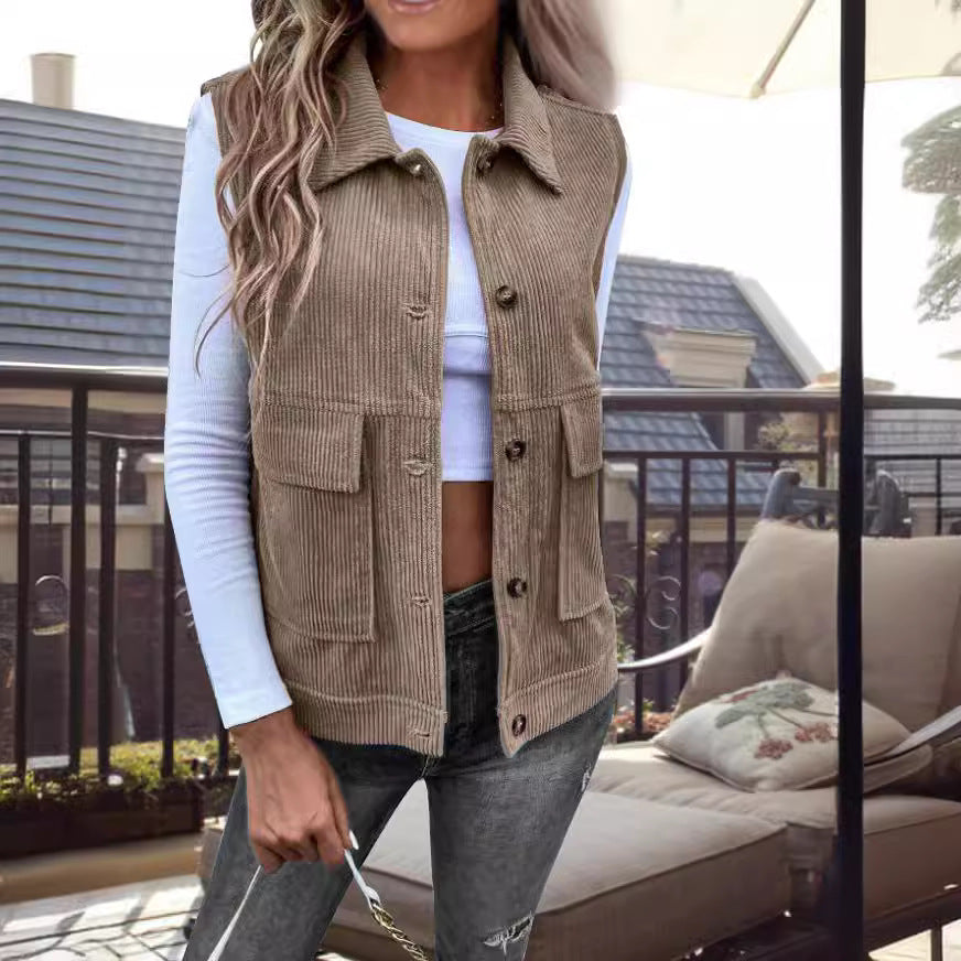 Gilet Sans Manches En Velours Côtelé À Boutons Devant, Coupe Décontractée, Poches Utilitaires, Nordisk Flair