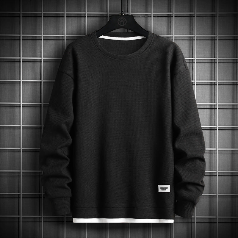Sweatshirt Col Ras Du Cou En Tricot Gaufre À Manches Longues Coupe Décontractée Avec Poignets Et Ourlet Pour Hommes