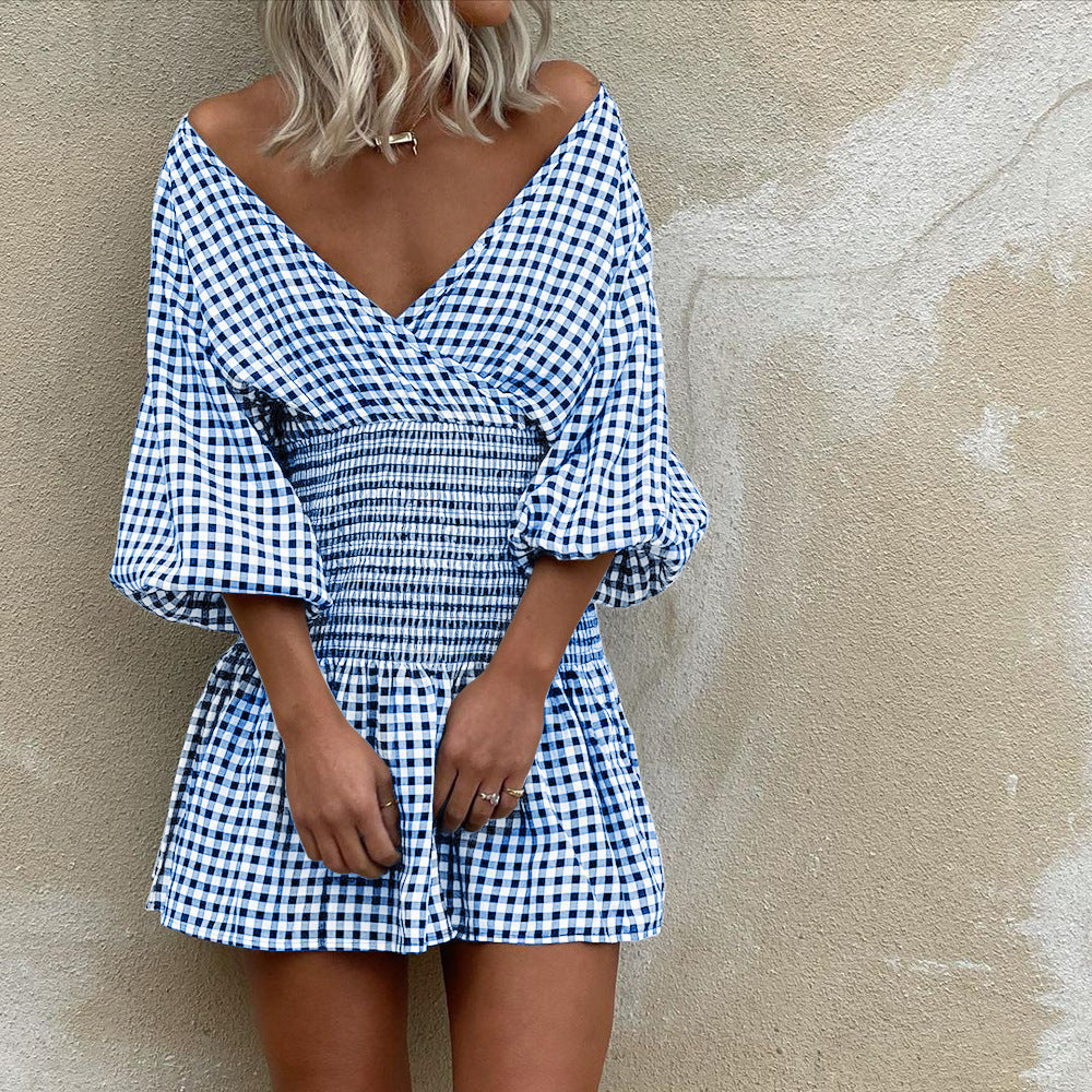 Robe Courte Femme Mélange Coton Col V Manches Bouffantes Taille Smockée Motif Gingham