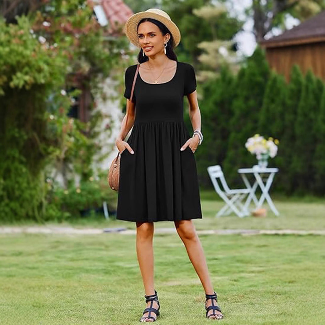 Robe Femme Amawinc Coupe Ajustée Évasée Col Rond Jupe À Motif Genou Manche Courte 100 Pour Cent Coton