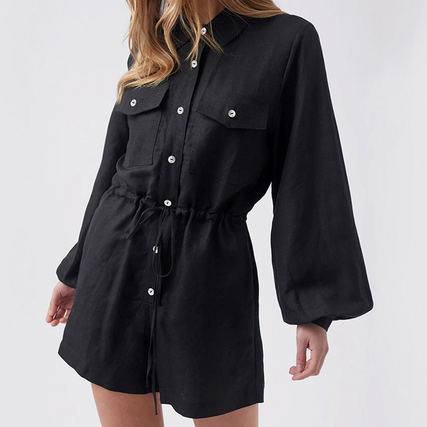 Combinaison Femme En Mélange Coton Lin Coupe Décontractée Avec Bouton De Fermeture Et Taille À Cordon Manches Longues