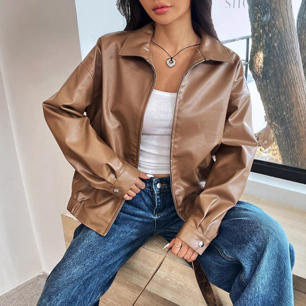 Damen trendige Kunstlederjacke im modernen Schnitt mit lässigem Reißverschluss Amawinc