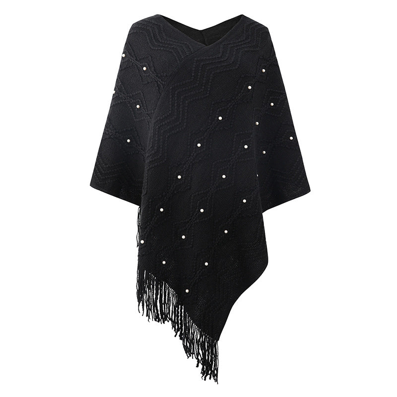 Damen eleganter Poncho mit auffälligem Strukturmuster und dekorativen Fransen Amawinc