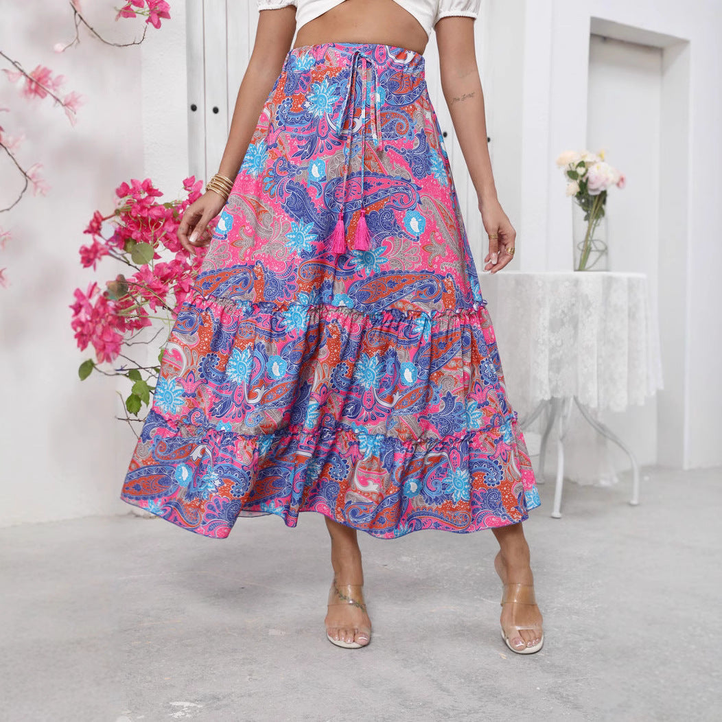 Jupe Maxi Femme Taille Haute Bohème À Couches Avec Franges À La Taille Texture Coton