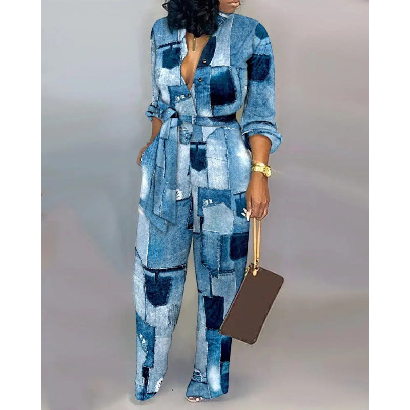 Damen Denim Jumpsuit mit modischem Patchwork-Design und praktischen Taschen Amawinc