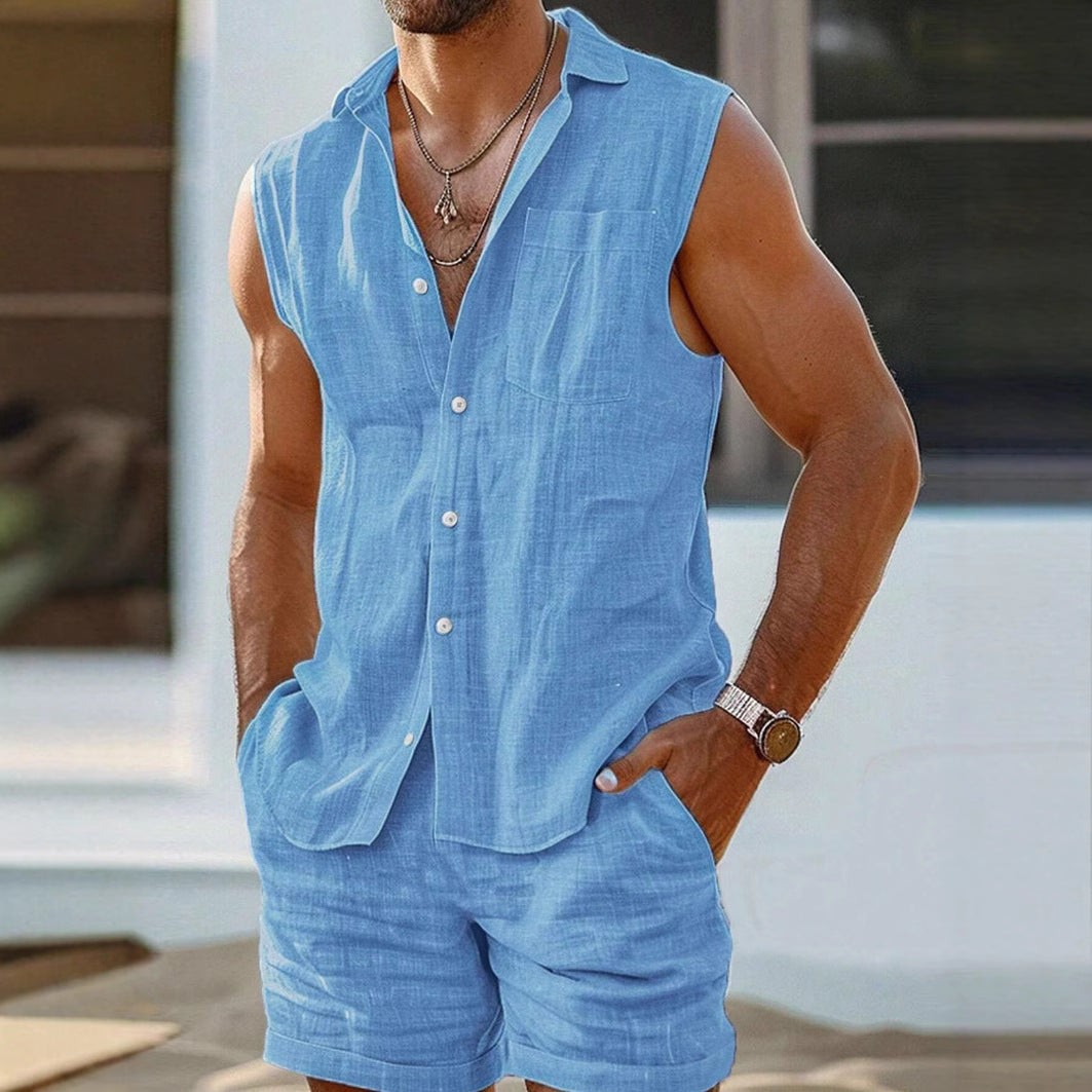 Ensemble Chemise Sans Manches Et Short Pour Homme En Mélange Coton Lin Décontracté Et Respirant
