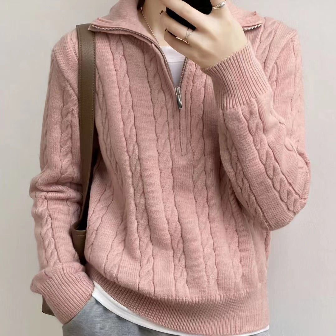 Damen kuscheliger Strickpullover mit hochschließendem Kragen und Zipper Amawinc