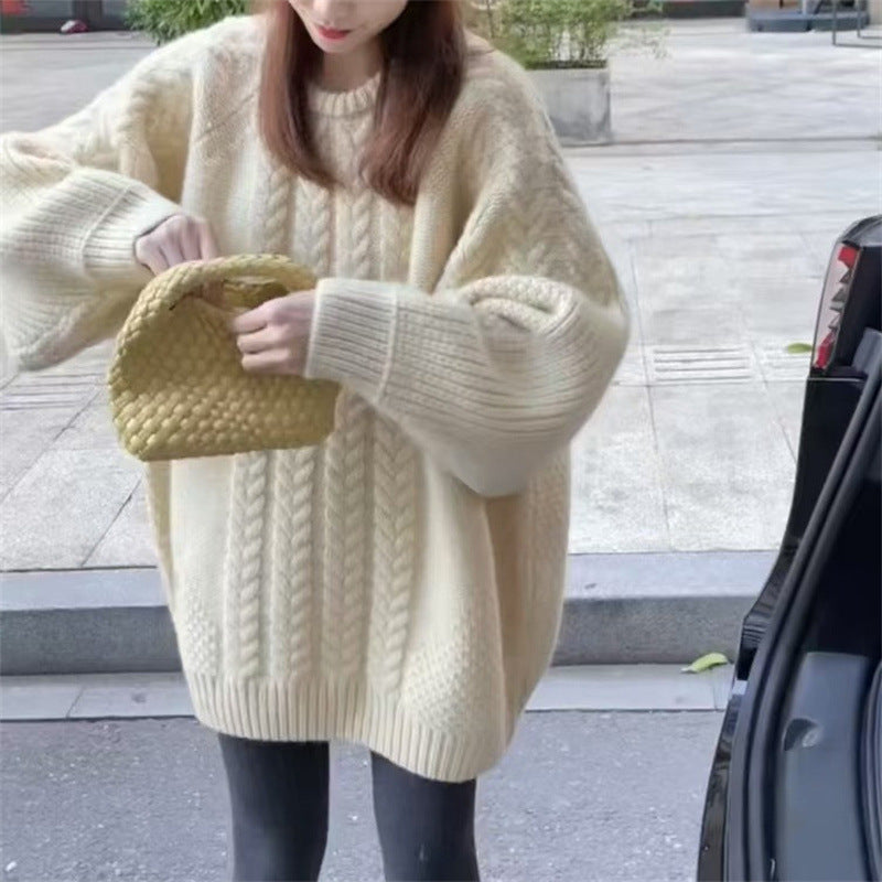 Damen Grobstrickpullover mit modischem Zopfmuster und überschnittenen Schultern Amawinc