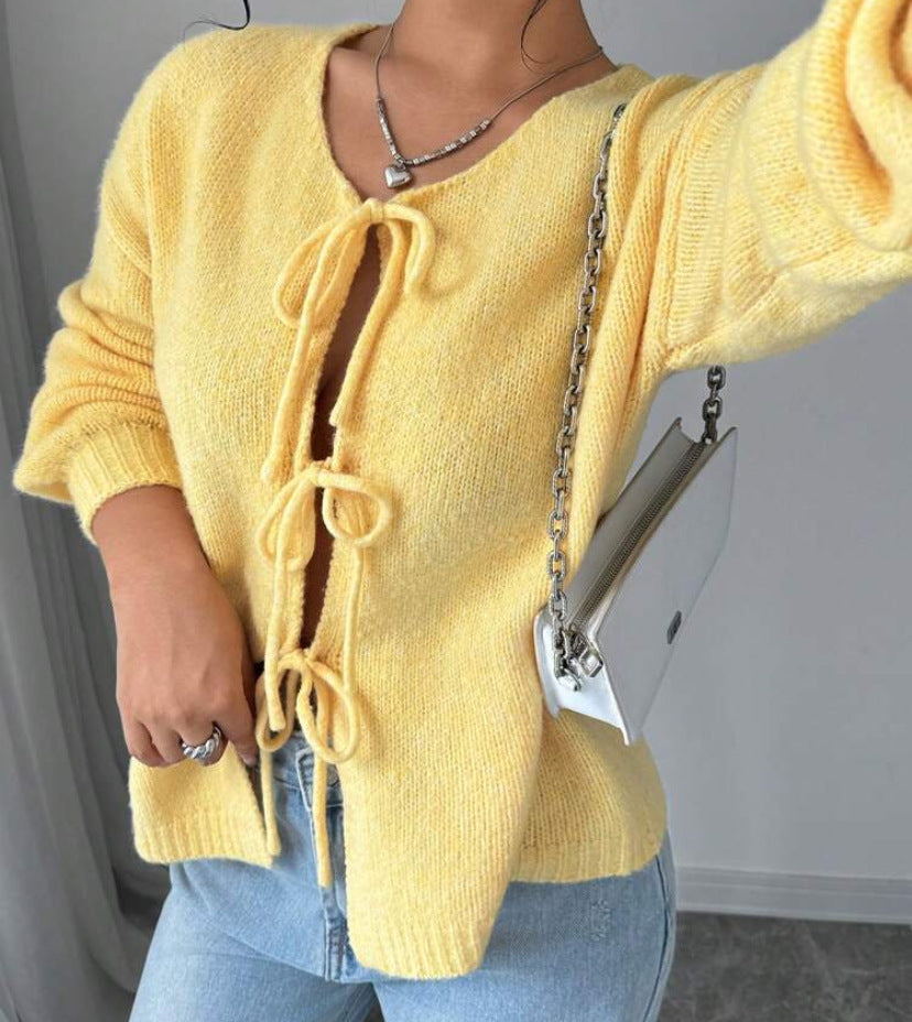 Damen Oversized Strickpullover mit dekorativem Schnürdetail Amawinc