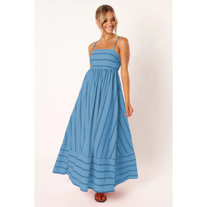 Damen Maxikleid mit feinen Streifen und elastischem Taillenbund Amawinc