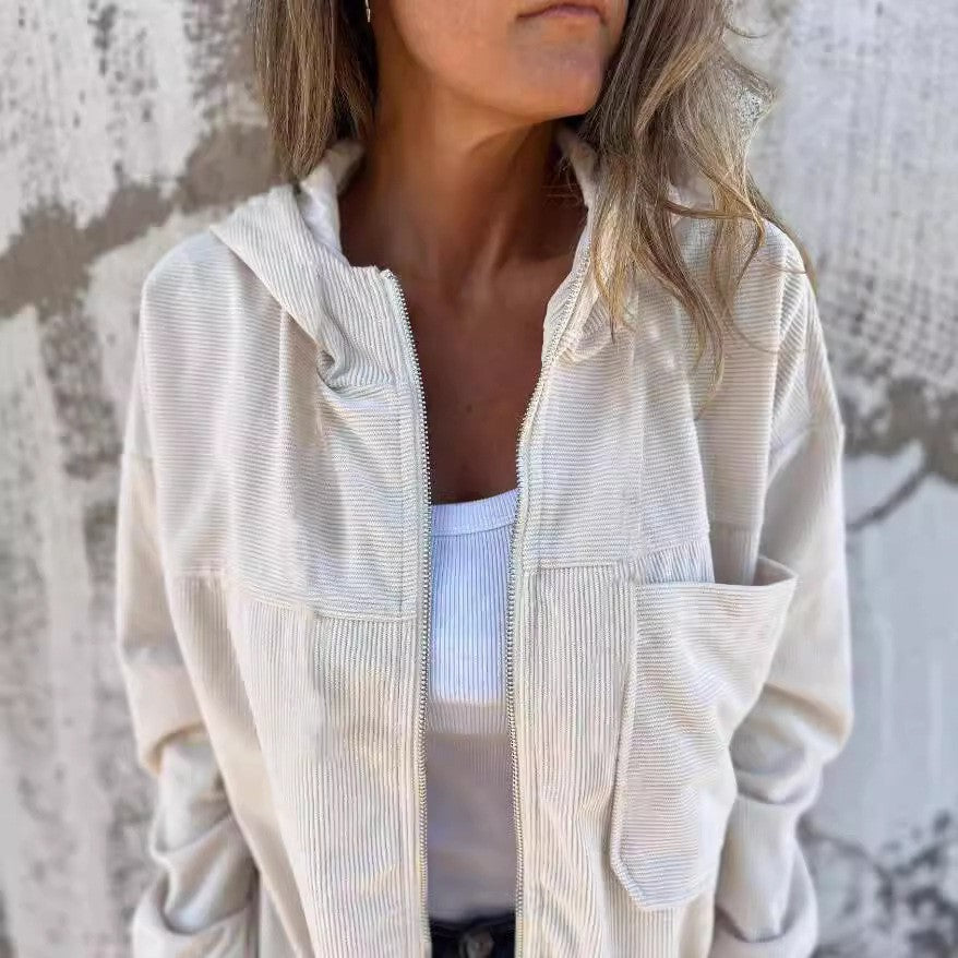 Damen lässige Cordjacke mit praktischen Taschen und elegantem Reißverschluss Amawinc