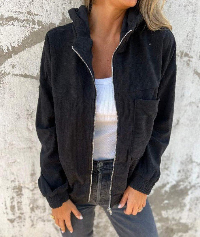 Damen lässige Cordjacke mit praktischen Taschen und elegantem Reißverschluss Amawinc