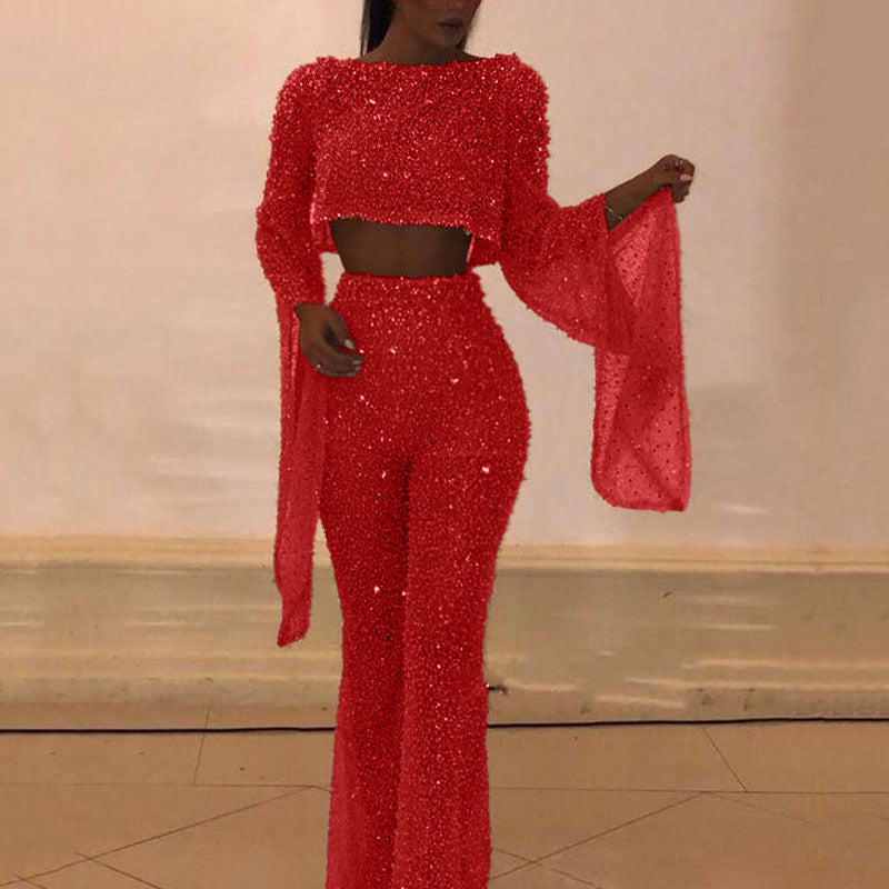 Damen Glitzerndes Zweiteiliges Set mit weitem Bein und langen Ärmeln Amawinc
