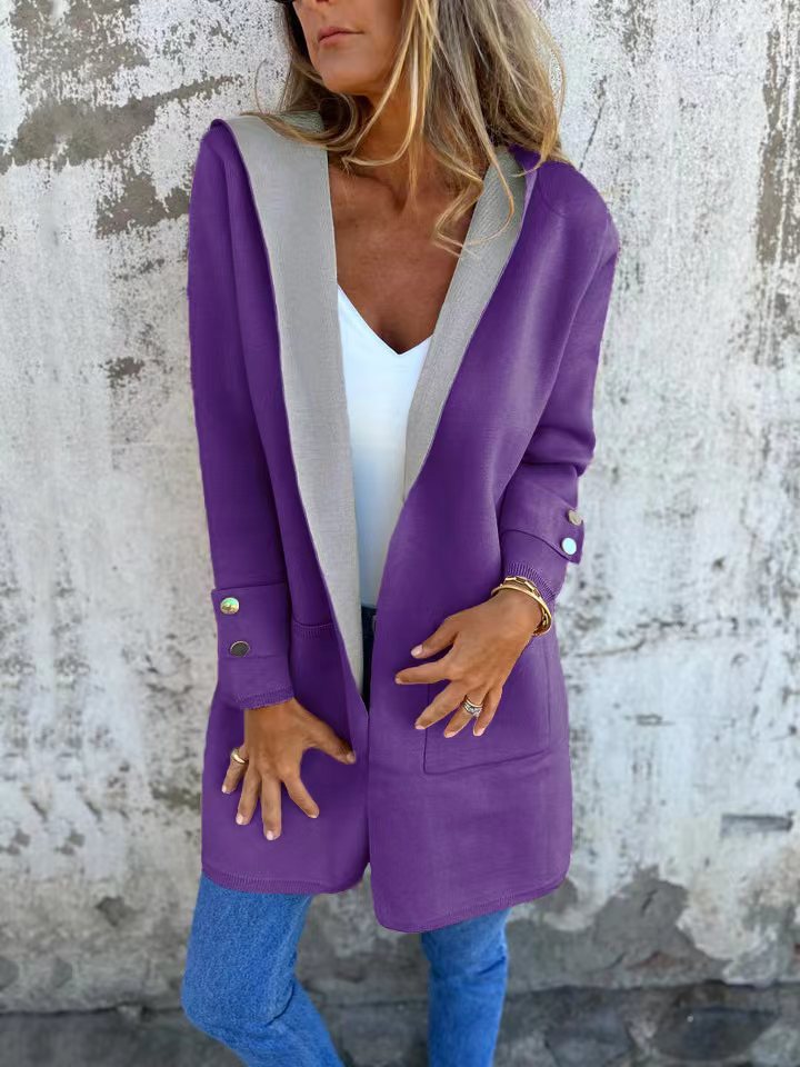 Cardigan À Capuche Pour Femme En Maille Douce Longue Décontracté Avec Bordure Contrastée Et Poignets Boutonnés