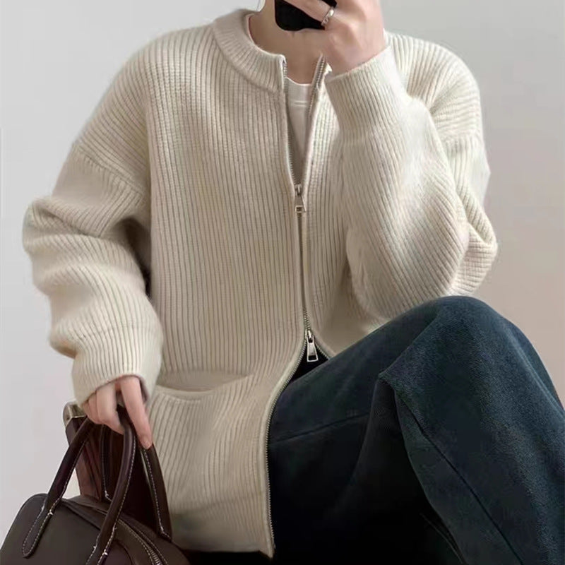 Cardigan Femme En Maille Côtelée Mélange Laine Coupe Oversize Avec Double Zip Poches