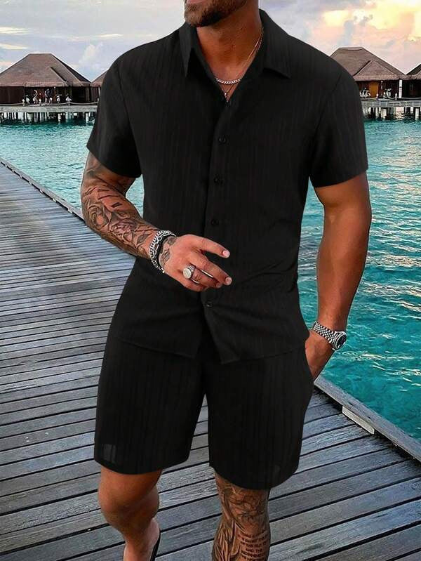 Ensemble Chemise Décontractée Pour Homme Avec Shorts En Mélange Coton Confort Estival