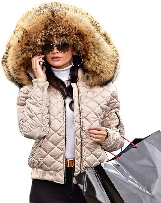 Damen gesteppte Winterjacke mit luxuriösem Pelzkragen Amawinc