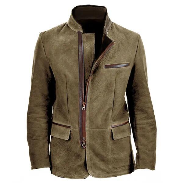 Veste En Suède Pour Homme Nordic Flair Slim Fit Col Debout Fermeture Éclair Et Multiples Poches