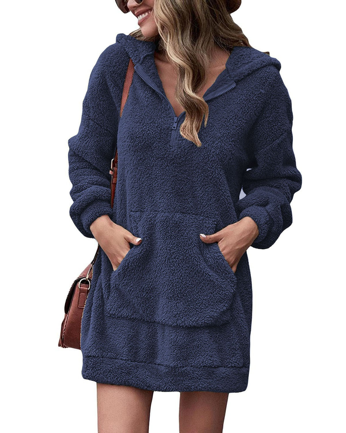 Damen Kuscheliger Hoodie-Kleid mit praktischen Taschen und halben Reißverschluss Amawinc