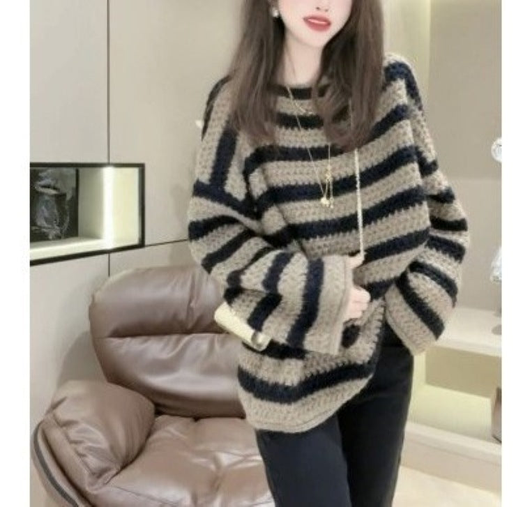 Damen Grobstrickpullover mit lässigem Streifenmuster und voluminösen Ärmeln Amawinc