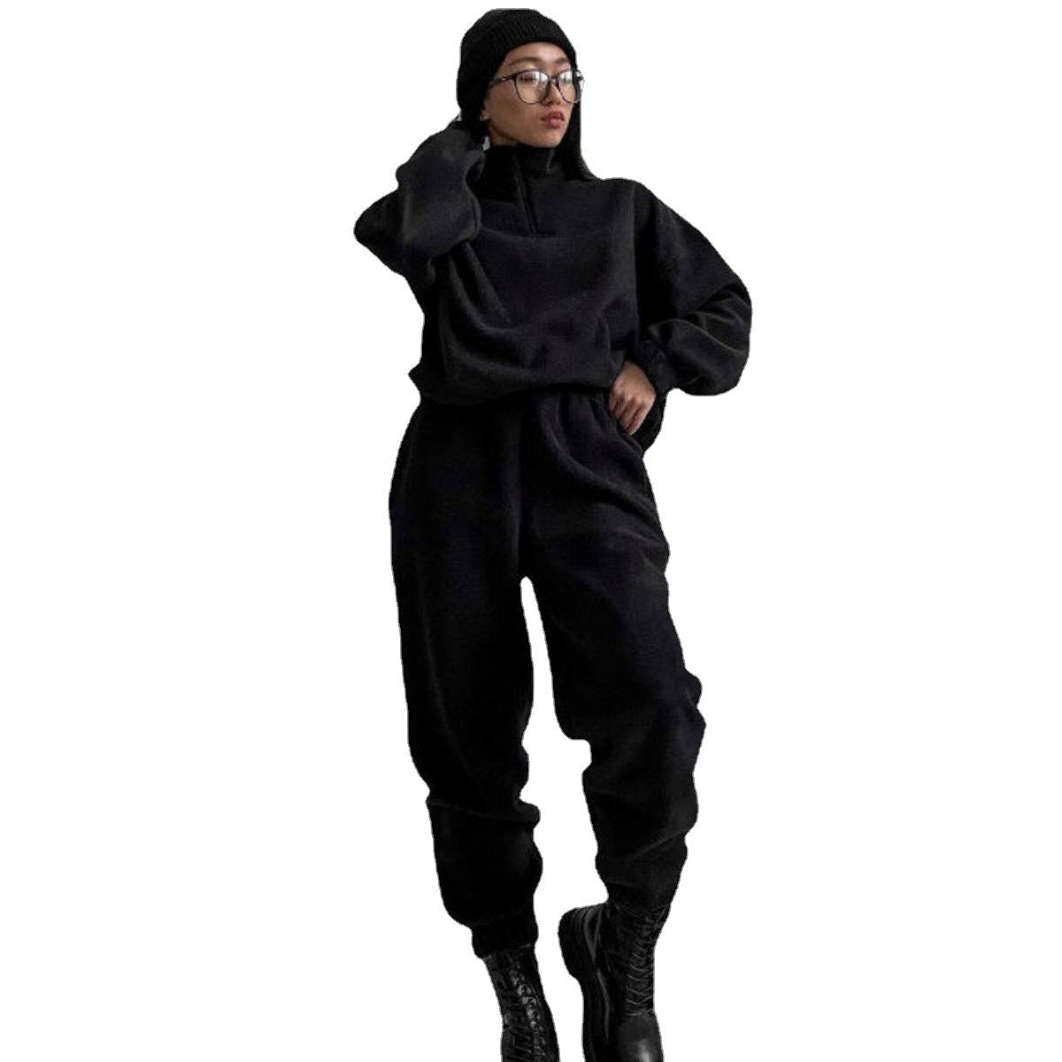 Damen Fleece-Jogginganzug mit kurzem Reißverschluss und lässigem Schnitt Amawinc