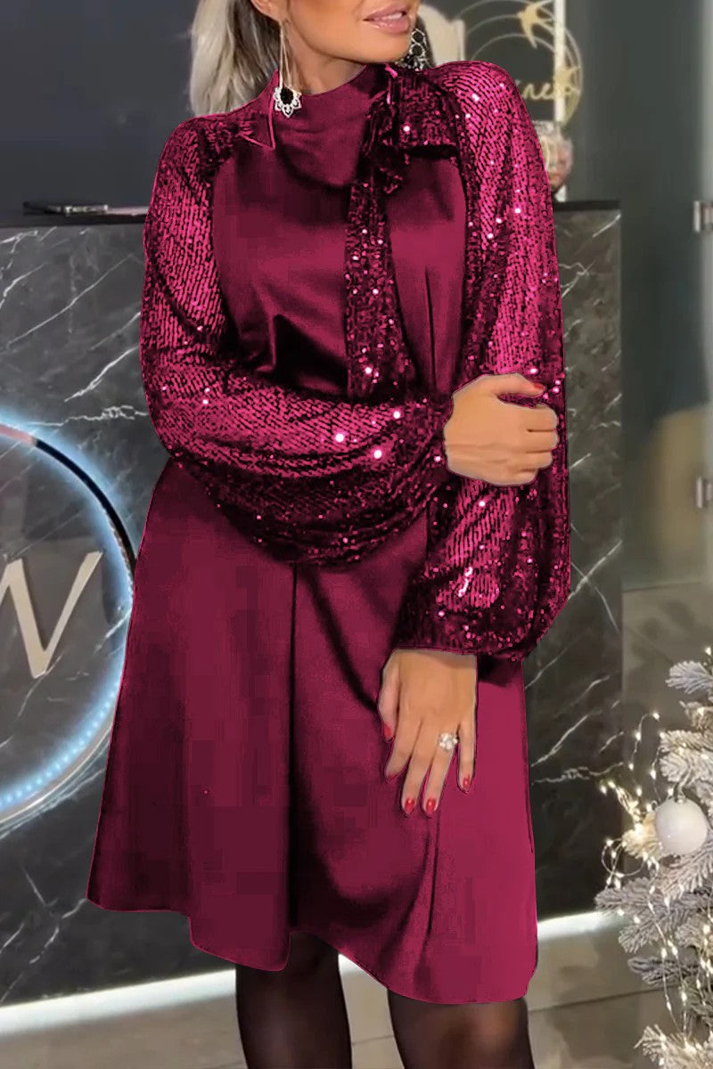 Damen Elegantes Kleid mit glitzernden Ärmeln und festlichem Kragen Amawinc