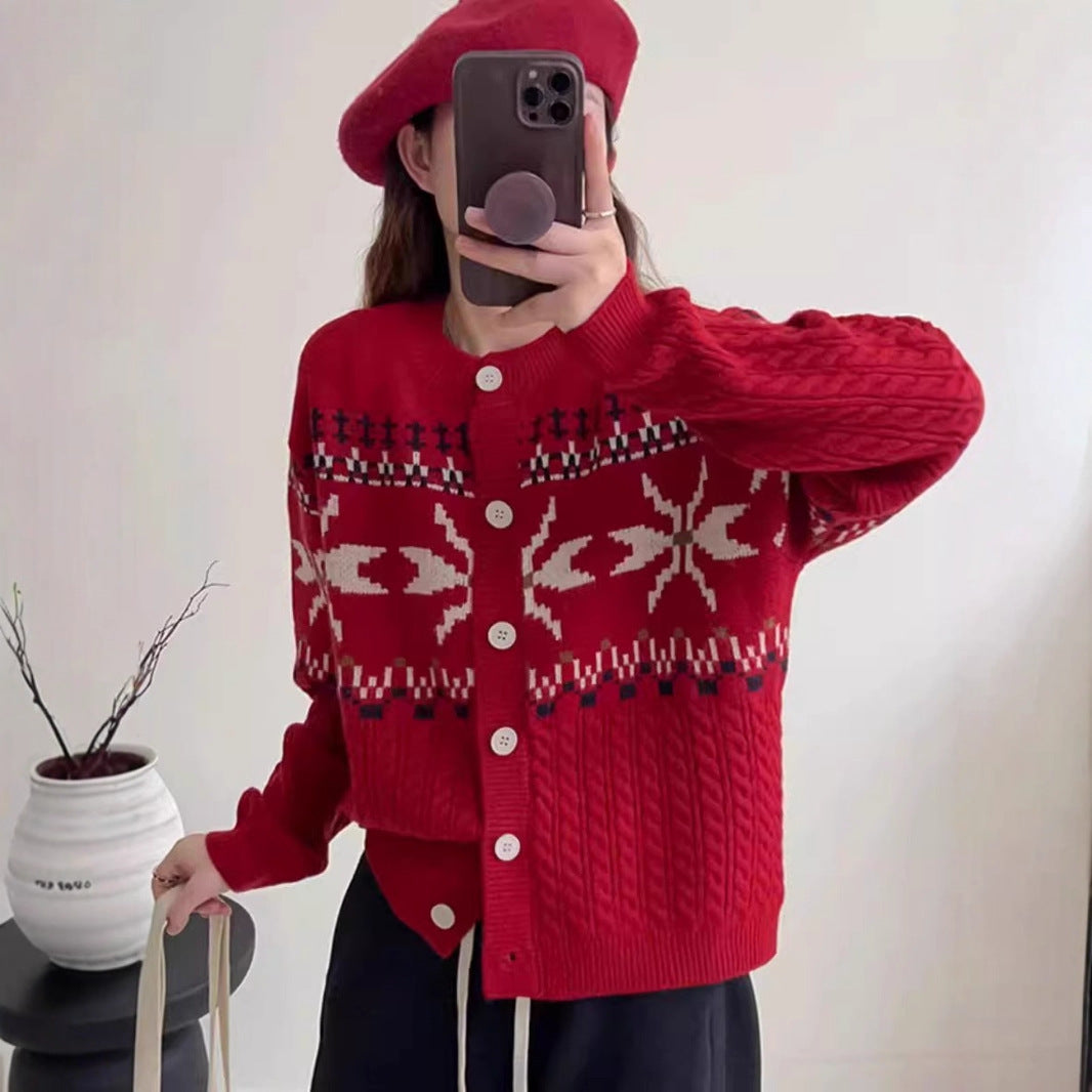 Damen Strickjacke mit traditionellen Mustern und großen Knöpfen Amawinc