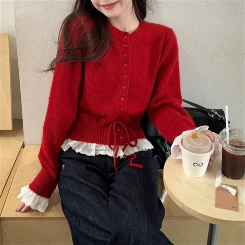 Damen Strickjacke mit Rüschensaum und Perlenknöpfen Amawinc