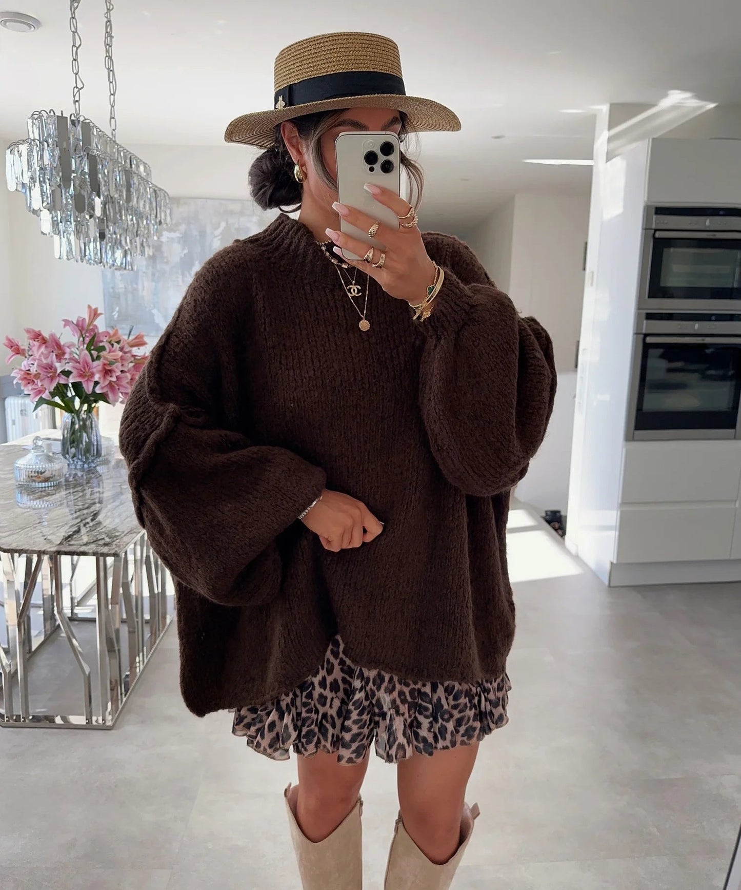 Damen lässiger Oversize Pullover mit hohen Ärmeln und unkonventionellem Schnitt Amawinc