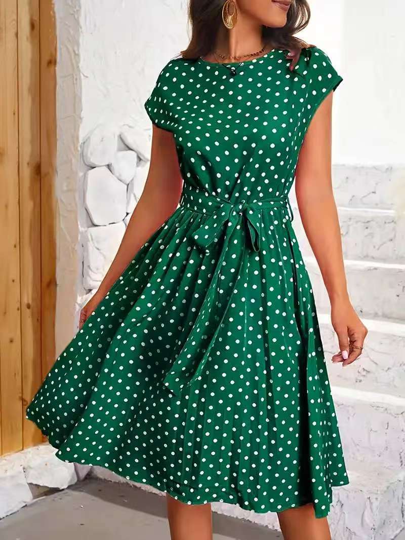 Damen Midikleid mit taillierendem Bindegürtel und verspieltem Polka-Dots Design Amawinc