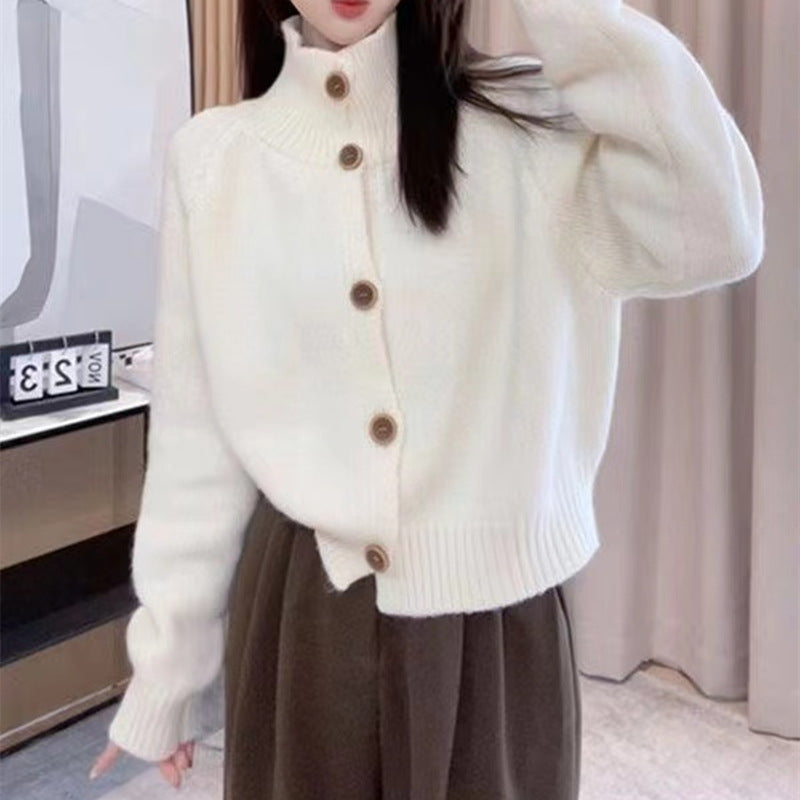 Damen gemütliche Strickjacke mit hohem Kragen und dekorativen Knöpfen Amawinc