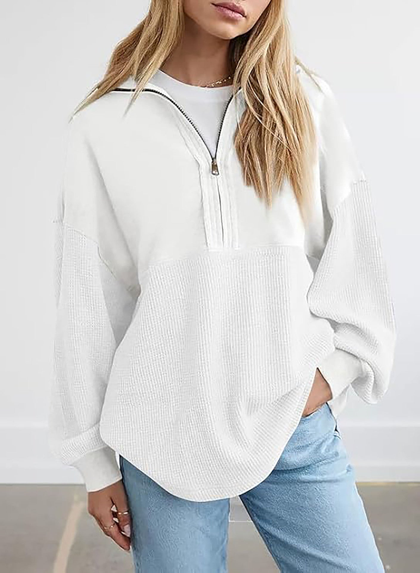 Damen lässiger Kapuzenpullover mit halblangem Reißverschluss und strukturiertem Material Amawinc