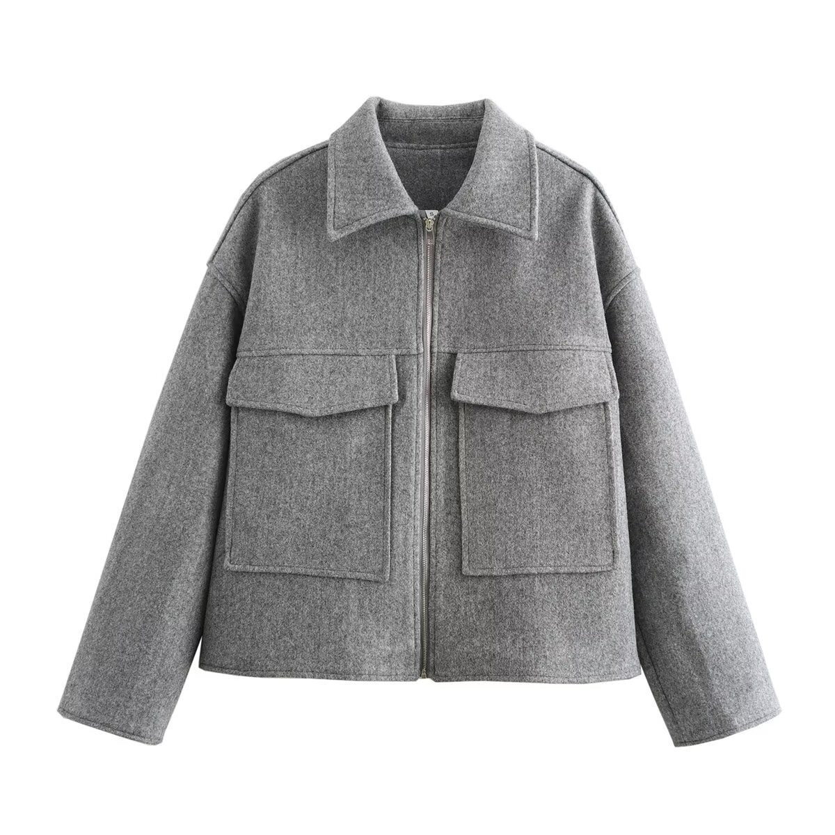 Damen Wool-Blend Jacke mit großen Brusttaschen Amawinc