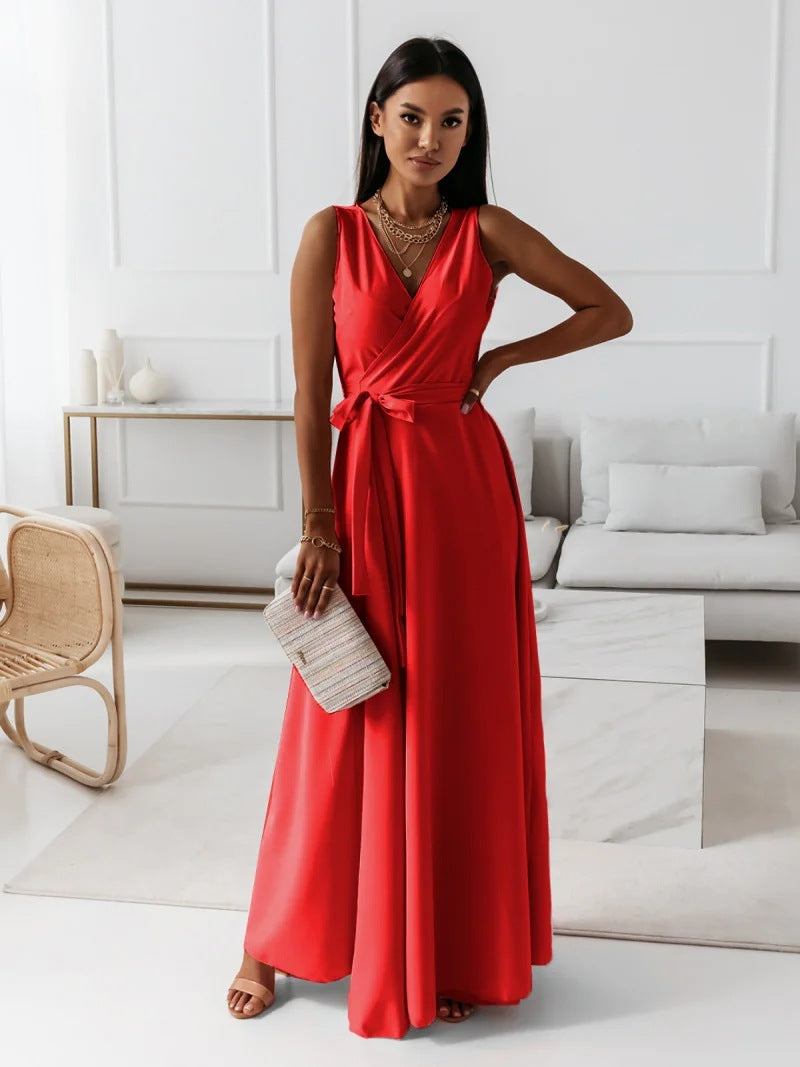Robe Maxi Sans Manches Col En V Profond Avec Ceinture Wrap Élégante Et Fluide Pour Mariages Et Fêtes