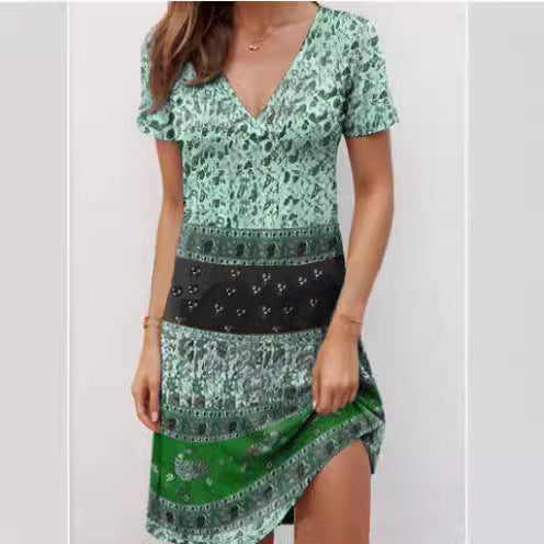 Robe Décontractée Pour Femme En Coton Patchwork Bohème Encolure En V Profonde Manches Courtes