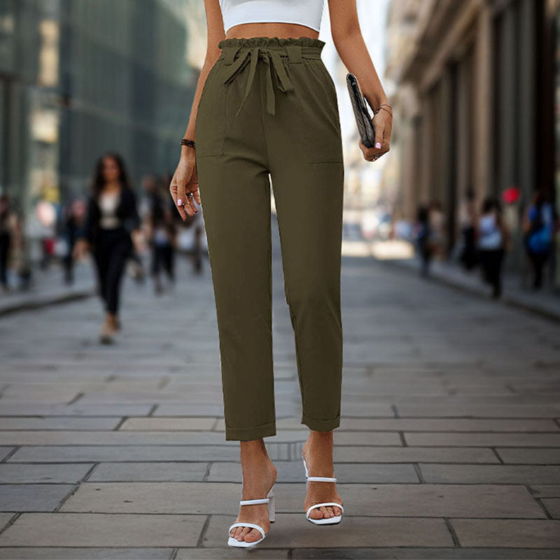 Damen elegante Chino-Hose mit hohem Bund und Taillenzug Amawinc