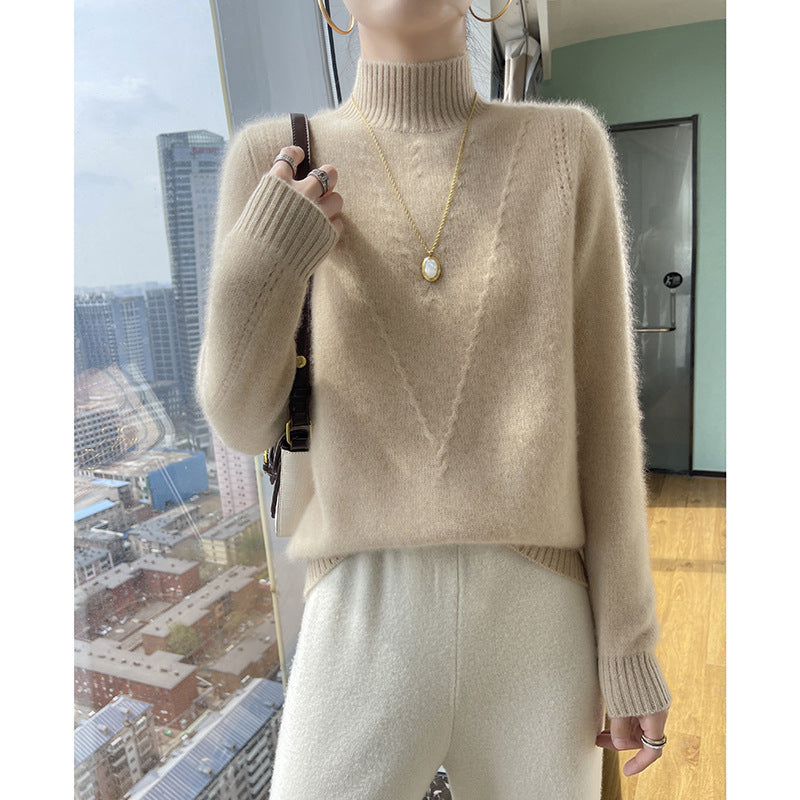 Damen weicher Strickpullover mit hohen Kragen und V-Design Amawinc