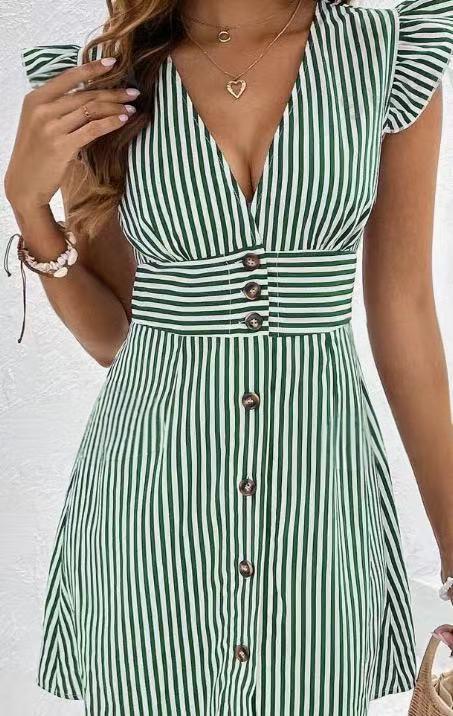 Robe Femme À Coupe Aline Col V Avec Manches Volants Boutons Rayures Léger Tissu Coton Pour Été