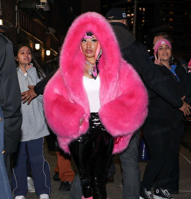 Damen oversized Kunstpelz-Jacke mit Kapuze und weiten Ärmeln Amawinc