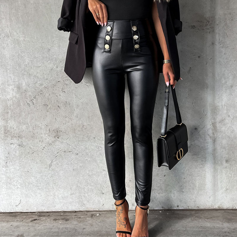 Damen imitat Leggings mit glänzender Oberfläche und dekorativen Knöpfen Amawinc